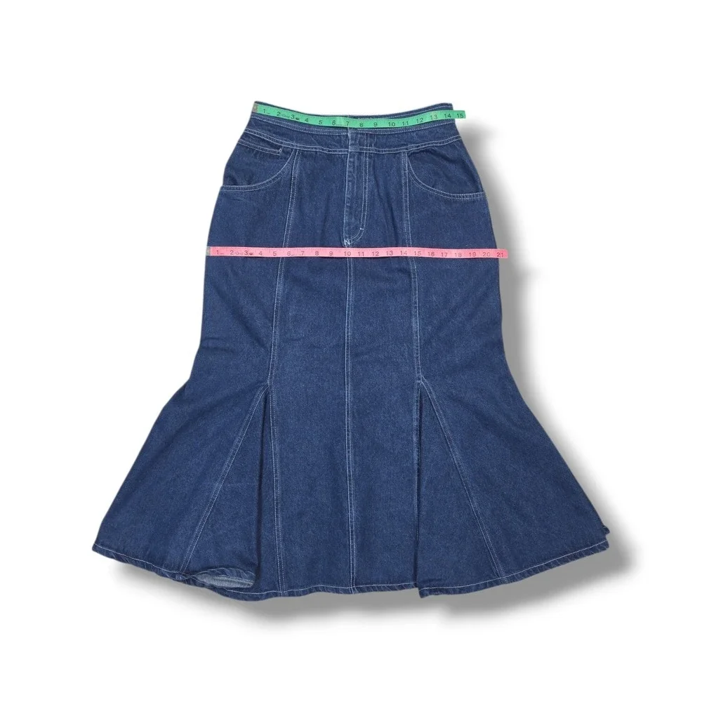 Vintage Chaus Sport Blue Denim Long Flared With Pockets Skirt Women's‎ 12